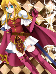 Rule 34 | 1girl, 74, armor, belt, blonde hair, blue eyes, boots, cape, checkered background, dutch angle, elbow gloves, fire emblem, fire emblem: genealogy of the holy war, gloves, lachesis (fire emblem), long hair, nintendo, pauldrons, sheath, shoulder armor, skirt, smile, solo, sword, thigh boots, thighhighs, weapon, zettai ryouiki