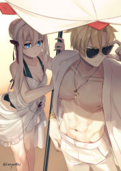 Rule 34 | 1boy, 1girl, adjusting eyewear, alternate costume, alternate hairstyle, beach umbrella, blonde hair, blue eyes, bracelet, braid, braided bun, breasts, carlota, clareth (counter:side), cleavage, collarbone, commentary request, counter:side, cross, cross necklace, green eyes, hair between eyes, hair bun, hairband, hand in pocket, highres, holding, holding umbrella, jewelry, leaning forward, lin leiyu0921, looking at viewer, medium breasts, navel, necklace, one-piece swimsuit, open clothes, pants, red ribbon, ribbon, sarong, shade, shirt, sidelocks, standing, stomach, sunglasses, swimsuit, toned, toned male, twitter username, two-tone swimsuit, umbrella, v-shaped eyebrows, white headwear, white pants, white sarong, white shirt