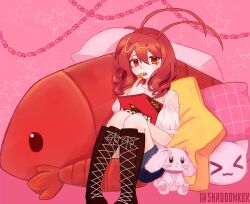 Rule 34 | 1girl, antennae, artist name, bare shoulders, black footwear, blue shorts, boots, cat-shaped pillow, doritos, dress, drill hair, eating, food, funamusea, highres, holding, holding food, lobco (funamusea), lobster, lobster girl, lobster tail, looking at viewer, mattress, off-shoulder dress, off shoulder, oounabara to wadanohara, open mouth, pillow, pink pillow, pink theme, plaid pillow, red eyes, red hair, shad00wkux, shorts, sitting, solo, star-shaped pillow, stuffed animal, stuffed lobster, stuffed rabbit, stuffed toy, teeth, twin drills, upper teeth only, white dress