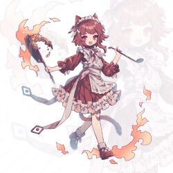 Rule 34 | 1girl, :d, animal ears, apron, bow, brown dress, brown footwear, brown hair, cat ears, cat girl, cat tail, commentary, dress, english commentary, fang, fire, food, footwear bow, footwear ribbon, frilled apron, frilled dress, frilled sleeves, frills, frying pan, full body, grey choker, hand up, holding, holding frying pan, holding ladle, ladle, looking at viewer, maid headdress, neck ribbon, neoki ohae, open mouth, original, puffy sleeves, red eyes, ribbon, rice, screentones, short hair, smile, solo, tail, walking, watermark, white apron, white bow, white ribbon, zoom layer