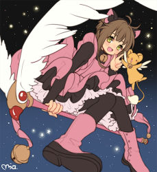 Rule 34 | 1990s (style), 1girl, animal ears, antenna hair, brown hair, card, cardcaptor sakura, cat ears, clow card, dress, full body, fuuin no tsue, gloves, green eyes, kero (cardcaptor sakura), kinomoto sakura, looking at viewer, magical girl, mia0309, night, open mouth, pantyhose, retro artstyle, short hair, smile, solo, star (symbol), v, wand, white gloves, wings
