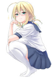 Rule 34 | 1girl, ahoge, alternate costume, blonde hair, blouse, blue skirt, breasts, glasses, green eyes, highres, i-8 (kancolle), kantai collection, large breasts, looking at viewer, low twintails, medium hair, neckerchief, no shoes, pleated skirt, sailor collar, school uniform, semi-rimless eyewear, serafuku, shirt, short sleeves, simple background, skirt, smile, solo, squatting, takomeshi, thighhighs, twintails, under-rim eyewear, white background, white thighhighs