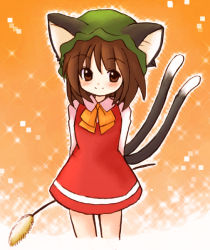 Rule 34 | 1girl, animal ears, arms behind back, bad id, bad pixiv id, blush, brown eyes, brown hair, cat ears, cat tail, chen, collar, cowboy shot, dress, eijima moko, hat, long sleeves, looking at viewer, matching hair/eyes, multiple tails, neck ribbon, reeds, ribbon, short hair, smile, solo, standing, tail, tareme, touhou, two tails