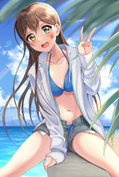Rule 34 | 1girl, :d, aranami shibuki, arm rest, arm support, bang dream!, beach, bikini, bikini under clothes, blue bikini, blue sky, blush, breasts, brown hair, cloud, commentary request, day, denim, denim shorts, drawstring, exposed pocket, feet out of frame, female focus, green eyes, hanazono tae, heart, highres, jacket, long hair, long sleeves, looking at viewer, medium breasts, micro shorts, navel, ocean, open clothes, open jacket, open mouth, outdoors, rainbow, round teeth, shorts, sidelocks, sitting, sky, smile, solo, spread legs, sticker, stomach, sweater, swimsuit, teeth, unzipped, upper teeth only, v, white jacket