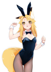 Rule 34 | 1girl, animal ears, ariyoshi gen, asymmetrical bangs, bare shoulders, black leotard, blonde hair, blush, bow, bowtie, breasts, brown pantyhose, covered navel, cowboy shot, detached collar, fake animal ears, fang, fox ears, fox girl, fox tail, groin, hands up, leotard, long hair, looking at viewer, open mouth, original, paid reward available, pantyhose, playboy bunny, rabbit ears, short eyebrows, simple background, skin fang, small breasts, smile, solo, tail, thick eyebrows, white background, wrist cuffs, yellow eyes