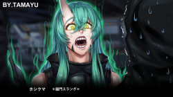 Rule 34 | 1girl, 1other, anger vein, arknights, aura, bare shoulders, black jacket, blurry, blurry background, depth of field, doctor (arknights), facing away, fangs, glowing, glowing eyes, green eyes, green hair, hair between eyes, highres, horns, hoshiguma (arknights), indoors, jacket, long hair, oni, open mouth, photo-referenced, single horn, skin-covered horns, sleeveless, sleeveless jacket, solo focus, tama yu, teeth, translation request, upper body
