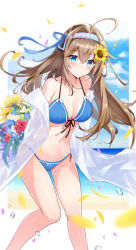Rule 34 | 1girl, ahoge, arms behind back, bare legs, bare shoulders, bikini, blue bikini, blue eyes, blue flower, blue hairband, blue ribbon, blue sky, blush, breasts, brown hair, day, feet out of frame, flower, front-tie bikini top, front-tie top, hair between eyes, hair flower, hair intakes, hair ornament, hair ribbon, hairband, halterneck, highres, long hair, long sleeves, looking at viewer, medium breasts, navel, off shoulder, open clothes, open shirt, original, outdoors, petals, red flower, ribbon, shirt, sky, smile, solo, standing, stomach, string bikini, sunflower, swimsuit, thighs, white shirt, yellow flower, yukizawa xueze