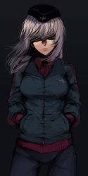 Rule 34 | 10s, 1girl, breasts, collared shirt, frown, garrison cap, girls und panzer, glaring, hair over eyes, hands in pockets, hat, highres, itsumi erika, jacket, long hair, mityubi, pants, red shirt, shaded face, shirt, silver hair, solo