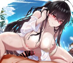 Rule 34 | 1boy, 1girl, absurdres, ahoge, azur lane, bar censor, bikini, black hair, blue sky, blurry, blurry background, blush, bottomless, breasts, censored, closed mouth, cloud, cloudy sky, commentary, crossed bangs, day, english commentary, engrish commentary, feet out of frame, hair between eyes, hand in own hair, hetero, highres, imminent penetration, lapokato, large breasts, licking lips, long hair, looking down, nipples, off shoulder, official alternate costume, one breast out, one side up, open clothes, open shirt, outdoors, palm tree, penis, red eyes, shaded face, shirt, sidelocks, sky, smile, solo focus, spread legs, squatting, straddling, string bikini, sweat, swimsuit, taihou (azur lane), taihou (seaside daydreams) (azur lane), tongue, tongue out, tree, very long hair, wet, wet clothes, wet hair, wet shirt, white shirt, yellow bikini
