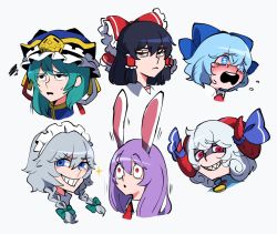 Rule 34 | &gt;:), 6+girls, :o, animal ears, annoyed, asymmetrical hair, black eyes, black hair, black headwear, blue eyes, blue hair, blue headwear, blue ribbon, blue vest, bow, braid, cirno, collared shirt, collared vest, crying, crying with eyes open, curly hair, evil eyes, evil grin, evil smile, frilled bow, frilled hair tubes, frilled hat, frills, from side, frustrated, furrowed brow, green hair, grey hair, grin, hair between eyes, hair bow, hair tubes, hakurei reimu, hat, horizontal pupils, horn ornament, horn ribbon, horns, iganashi1, izayoi sakuya, light purple hair, long hair, looking at viewer, maid headdress, medium hair, multiple girls, neck ribbon, necktie, no pupils, open mouth, portrait, purple hair, rabbit ears, raised eyebrows, rectangular pupils, red bow, red eyes, red horns, red necktie, red ribbon, reisen udongein inaba, ribbon, shaded face, sharp teeth, sheep horns, shiki eiki, shirt, short hair, simple background, smile, smug, sparkle, surprised, tears, teeth, touhou, toutetsu yuuma, twin braids, v-shaped eyebrows, vest, white background, white bow, white hair, white shirt, wide-eyed
