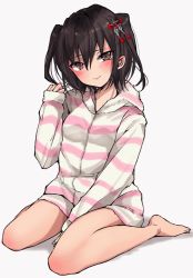 Rule 34 | 1girl, blush, brown eyes, brown hair, chigasaki yukari, closed mouth, commentary request, hair between eyes, hair ornament, highres, hood, hoodie, kantai collection, medium hair, sendai (kancolle), shadow, simple background, sitting, smile, solo, striped clothes, striped hoodie, two side up, wariza, white background
