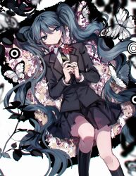 Rule 34 | 1girl, absurdres, aqua eyes, aqua hair, black jacket, black necktie, black skirt, black socks, blue eyes, bug, butterfly, commentary, danjou sora, dress shirt, feet out of frame, floral background, flower, formal, hair between eyes, hair intakes, hatsune miku, highres, holding, holding flower, insect, jacket, long hair, looking at viewer, lying, necktie, on back, picture frame, saihate (vocaloid), shirt, skirt, socks, solo, twintails, very long hair, vocaloid, white background, white shirt