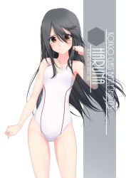 Rule 34 | 1girl, alternate breast size, artist name, black hair, brown eyes, character name, collarbone, commentary request, competition swimsuit, cowboy shot, flat chest, haruna (kancolle), highres, inaba shiki, kantai collection, long hair, looking at viewer, one-piece swimsuit, paid reward available, paid reward available, simple background, solo, standing, swimsuit, white background, white one-piece swimsuit