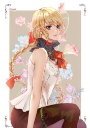 Rule 34 | 1girl, ascot, bare arms, bare shoulders, black leggings, blonde hair, blue eyes, boots, border, braid, breasts, brown background, closed mouth, commentary, cowboy shot, english commentary, etroveria, final fantasy, final fantasy xvi, floral background, hair between eyes, hair ribbon, highres, leggings, light smile, long hair, looking at viewer, medium breasts, midadol telamon, multi-tied hair, red ascot, red ribbon, ribbon, shirt, single braid, sleeveless, sleeveless shirt, solo, swept bangs, thigh boots, twitter username, very long hair, white border, white shirt