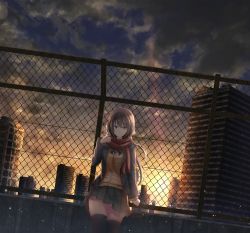 Rule 34 | 1girl, against fence, backlighting, black bow, black bowtie, black jacket, black skirt, black thighhighs, blazer, bow, bowtie, brown eyes, brown hair, building, chain-link fence, city, cloud, cloudy sky, cowboy shot, denpa (denpae29), dutch angle, enpera, evening, fence, gradient sky, hand up, jacket, lens flare, long hair, looking at viewer, miniskirt, open clothes, open jacket, original, pleated skirt, red scarf, scarf, scenery, sidelocks, skirt, sky, solo, standing, sunlight, sunset, thighhighs, zettai ryouiki