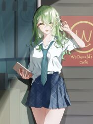 Rule 34 | 1girl, alternate costume, blue necktie, blue skirt, bungo nosuke, cellphone, ceres fauna, commentary request, crossed bangs, dress shirt, earbuds, earphones, flower, green hair, hair flower, hair ornament, highres, holding, holding phone, hololive, hololive english, humanization, long hair, looking at viewer, loose necktie, mole, mole under eye, necktie, open mouth, phone, plaid, plaid skirt, removing earbuds, school uniform, shirt, skirt, solo, virtual youtuber, white shirt, yellow eyes