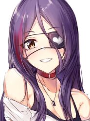 Rule 34 | 1girl, alternate hairstyle, bare shoulders, black camisole, blush, breasts, brown eyes, camisole, choker, cleavage, collarbone, dot nose, eyepatch, grin, hair between eyes, hayasaka mirei, idolmaster, idolmaster cinderella girls, idolmaster cinderella girls starlight stage, jewelry, long hair, looking at viewer, multicolored hair, necklace, off-shoulder shirt, off shoulder, purple hair, red choker, red hair, shirt, simple background, small breasts, smile, solo, spoonkoros, streaked hair, upper body, white background, white shirt