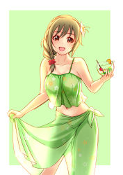 Rule 34 | 10s, 1girl, bare shoulders, blush, breasts, brown eyes, brown hair, cleavage, collarbone, cup, drinking glass, drinking straw, flower, hair flower, hair ornament, highres, holding, holding cup, holding drinking glass, idolmaster, idolmaster cinderella girls, jakelian, large breasts, looking at viewer, navel, open mouth, revision, senkawa chihiro, smile, solo
