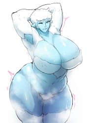 Rule 34 | 1girl, blue skin, breasts, colored skin, cowboy shot, curvy, fang, fangs, female focus, huge breasts, jujunaught, monster girl, motion lines, navel, plump, shiny skin, short hair, simple background, solo, steam, steaming body, white background, wide hips, yeti (creature)
