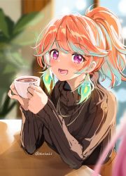 Rule 34 | 1girl, akamoku, alternate hairstyle, aqua hair, blush, casual, coffee, commentary, cup, earrings, feather earrings, feathers, highres, holding, holding cup, hololive, hololive english, indoors, jewelry, looking at another, multicolored hair, open mouth, orange hair, pink hair, plant, ponytail, purple eyes, smile, sweater, takanashi kiara, turtleneck, turtleneck sweater, twitter username, two-tone hair, upper body, virtual youtuber