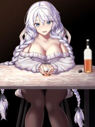 Rule 34 | 1girl, :d, avrora (azur lane), azur lane, bare shoulders, black background, black pantyhose, blue eyes, bottle, braid, breasts, cleavage, commentary, cup, drinking glass, enchuu kakiemon, feet out of frame, highres, large breasts, long hair, long sleeves, looking at viewer, off-shoulder sweater, off shoulder, open mouth, pantyhose, simple background, sitting, smile, solo, stool, sweater, table, twin braids, white hair, white sweater