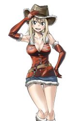Rule 34 | 1girl, alternate costume, belt, blonde hair, blush, boots, breasts, brown eyes, chain, cleavage, cowboy hat, elbow gloves, fairy tail, fur trim, gloves, hand on own hip, hat, large breasts, long hair, looking at viewer, lucy heartfilia, mashima hiro, official art, open mouth, skirt, smile, solo, thigh gap
