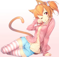 Rule 34 | 1girl, ;p, animal ears, animal hands, arm support, brown eyes, cat ears, cat paws, cat tail, gradient background, jacket, one eye closed, orange hair, original, paw pose, pink thighhighs, red eyes, ribbon, short shorts, short twintails, shorts, sitting, sleeves past wrists, solo, striped clothes, striped thighhighs, tail, tail ornament, tail ribbon, thigh gap, thighhighs, tongue, tongue out, twintails, white thighhighs, wink, yokozuwari, zizi (zz22)