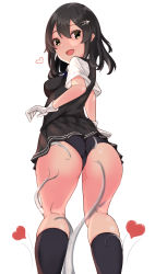 Rule 34 | 1girl, ass, black hair, black panties, black skirt, black socks, black vest, dress shirt, feet out of frame, from behind, gloves, grey eyes, hair ornament, hairclip, heart, highres, kantai collection, looking at viewer, looking back, oyashio (kancolle), panties, pleated skirt, school uniform, shirt, short sleeves, simple background, skirt, socks, solo, tentacles, uesuzoukin, underwear, vest, white background, white gloves, white shirt