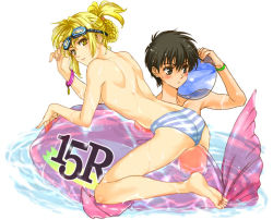 Rule 34 | 2boys, artist request, ass, barefoot, blonde hair, feet, male focus, multiple boys, source request, swimsuit, toes, water, wet, yellow eyes