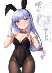 Rule 34 | 1girl, animal ears, bare shoulders, binsen, black hairband, black leotard, blue eyes, blush, bow, bowtie, breasts, brown pantyhose, cameltoe, chibi, cleavage, closed mouth, collar, covered navel, detached collar, fake animal ears, gluteal fold, hair bow, hairband, hands up, highres, idolmaster, idolmaster million live!, leotard, long hair, looking at viewer, low-tied long hair, medium breasts, multiple views, nose blush, pantyhose, playboy bunny, rabbit ears, red bow, red neckwear, shiraishi tsumugi, silver hair, simple background, strapless, strapless leotard, thigh gap, translation request, trembling, very long hair, wavy mouth, white background, white collar, wing collar, wrist cuffs