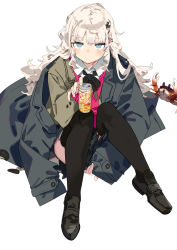 Rule 34 | 1girl, animal, black bow, black footwear, black jacket, black skirt, black thighhighs, blazer, blue eyes, bow, brown jacket, can, closed mouth, collared shirt, commentary request, crab, full body, jacket, karei, knees together feet apart, knees up, loafers, long hair, long sleeves, looking at viewer, open clothes, open jacket, original, pinching sleeves, pink sweater, pleated skirt, school uniform, shirt, shoes, simple background, skirt, sleeves past wrists, solo, sweater, thighhighs, very long hair, white background, white hair, white shirt
