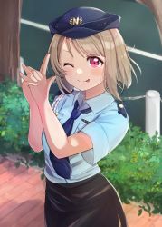 Rule 34 | absurdres, black skirt, blue necktie, blue shirt, blush, bush, commentary request, finger gun, hat, highres, light brown hair, looking at viewer, love live!, love live! nijigasaki high school idol club, nakasu kasumi, necktie, nyako (utaneko31), one eye closed, outdoors, own hands together, pencil skirt, pink eyes, police, police hat, police uniform, policewoman, road, shirt, short hair, short sleeves, skirt, smile, solo, sparkle, street, tongue, tongue out, uniform, v-shaped eyebrows, wing collar