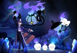 Rule 34 | 1boy, absurdres, black coat, cave, chandelure, closed eyes, coat, commentary request, creatures (company), evolutionary line, fire, floating, full body, game freak, gen 5 pokemon, highres, ingo (pokemon), lampent, litwick, miblinimum, multicolored coat, nintendo, open mouth, pokemon, pokemon (creature), pokemon bw, purple fire, red coat, smile, solid circle eyes, solid oval eyes, stairs, striped, striped coat, two-tone coat, yellow eyes