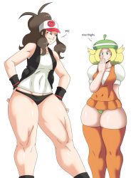 Rule 34 | 2girls, absurdres, bare shoulders, baseball cap, bianca (pokemon), black panties, blonde hair, blue eyes, breasts, brown hair, charge sol, collarbone, creatures (company), english text, game freak, green eyes, green panties, hands on own hips, hat, highres, hilda (pokemon), jacket, long hair, medium breasts, multiple girls, nintendo, no pants, panties, pokemon, pokemon bw, ponytail, shirt, sleeveless, smile, thick thighs, thighhighs, thighs, underwear, vest, white background, white shirt, wide hips