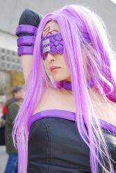 Rule 34 | 1girl, arm up, asian, blindfold, choker, cosplay, cosplay photo, dress, elbow gloves, fate/stay night, fate (series), female focus, gloves, long hair, medusa (fate), medusa (rider) (fate), medusa (rider) (fate) (cosplay), non-web source, photo (medium), purple hair, solo, strapless, strapless dress