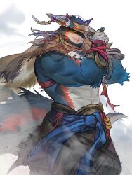 Rule 34 | 1boy, abs, absurdres, adjusting clothes, adjusting headwear, animal ears, bara, beard, biceps, blue fur, clothes around waist, cowboy shot, empty eyes, facial hair, fang, fang out, fox boy, fox ears, fox tail, from side, full beard, furry, furry male, gradient fur, hat, highres, japanese clothes, kimono, kuroshima kurishiro (muyi24108414), large tail, looking at viewer, male focus, mature male, muscular, muscular male, orange fur, original, ronin, scar, scar on face, scar on mouth, solo, stomach, streaked beard, strongman waist, tail, thick beard, wind, wolf boy