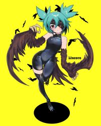 Rule 34 | 1girl, absurdres, aqua hair, asymmetrical clothes, bodysuit, character name, claws, collarbone, commission, crotch zipper, eyepatch, feathered wings, full body, harpy, highres, indie virtual youtuber, lincoro, looking at viewer, monster girl, pixiv commission, red eyes, ryuu tou, short twintails, single pantsleg, single thighhigh, skin tight, sleeveless, solo, thighhighs, twintails, virtual youtuber, winged arms, wings, yellow background, zipper