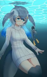 Rule 34 | 10s, 2girls, ass, black hair, black legwear, blue eyes, blue hair, blue whale (kemono friends), blush, bodysuit, breasts, caustics, cetacean tail, commentary request, fins, fish tail, flippers, giant, giantess, glasses, gradient hair, grey hair, hair between eyes, hair ornament, hatafuta, head fins, head tilt, helmet, highres, kaban (kemono friends), kemono friends, long hair, long sleeves, looking at another, medium breasts, multicolored hair, multiple girls, parted lips, ribbed sweater, rimless eyewear, scuba tank, size difference, sweater, tail, thighhighs, underwater, white sweater