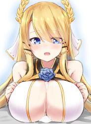 Rule 34 | 1girl, azur lane, bare shoulders, blonde hair, blue eyes, blue flower, blush, breasts, cleavage, cum, cum on body, cum on breasts, cum on upper body, eyes visible through hair, flower, hair ornament, hair over one eye, kousi sirazawa, large breasts, laurel crown, long hair, looking at viewer, open mouth, paizuri, sketch, solo, swept bangs, upper body, veil, victorious (azur lane)