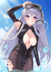Rule 34 | 1girl, arm up, armpit cutout, armpits, azur lane, black pantyhose, blue sky, blush, breasts, casual one-piece swimsuit, cleavage, cleavage cutout, clothing cutout, cowboy shot, day, enterprise (azur lane), enterprise (diving under blue skies) (azur lane), goggles, goggles on head, grey hair, highres, itaba atsushi, large breasts, lens flare, light rays, long hair, long sleeves, looking at viewer, official alternate costume, one-piece swimsuit, outdoors, pantyhose, pantyhose under swimsuit, parted lips, purple eyes, sky, snorkel, solo, sunbeam, sunlight, swimsuit, torn clothes, torn pantyhose, very long hair, water