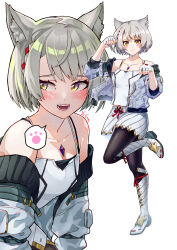 Rule 34 | 1girl, absurdres, animal ear fluff, animal ears, blush, breasts, camisole, cat ears, cat girl, chest jewel, cleavage, close-up, embarrassed, full body, gloves, grey hair, highres, jacket, looking at viewer, mio (xenoblade), pantyhose, paw pose, short hair, simple background, skirt, small breasts, smile, solo, tank top, white background, white camisole, white jacket, white skirt, xenoblade chronicles (series), xenoblade chronicles 3, yellow eyes, you nf