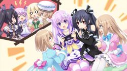 Rule 34 | &gt; &lt;, 10s, 6+girls, :d, :o, bare shoulders, black hair, blanc (neptunia), blonde hair, blue eyes, blush, bow, brown hair, choujigen game neptune mk2, closed eyes, collar, cut-in, d-pad, detached collar, detached sleeves, dress, elbow gloves, emblem, female focus, fingerless gloves, frilled hat, frills, fur trim, game cg, gloves, hair ornament, hair ribbon, handheld game console, hat, highres, holding, lightning bolt symbol, long hair, long sleeves, looking at another, multiple girls, nepgear, neptune (neptunia), neptune (series), noire (neptunia), o o, official art, open mouth, outstretched arm, pantyhose, playing games, profile, purple eyes, purple hair, purple legwear, ram (neptunia), red eyes, ribbon, rom (neptunia), school uniform, serafuku, short hair, siblings, sisters, sitting, smile, striped clothes, striped legwear, striped pantyhose, thighhighs, tsunako, twins, twintails, two side up, uni (neptunia), vert (neptunia), white gloves, white legwear
