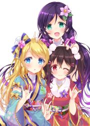 Rule 34 | 10s, 3girls, :o, ;), \m/, ayase eli, black hair, blonde hair, blue bow, blue eyes, blue kimono, blush, bow, commentary request, corsage, detached sleeves, double \m/, flower, fur-trimmed kimono, fur trim, green eyes, hair bow, hair down, hair flower, hair ornament, hairclip, hand on another&#039;s head, highres, japanese clothes, kimono, long hair, long sleeves, looking at viewer, love live!, love live! school idol festival, love live! school idol project, low twintails, multiple girls, nameneko (124), nico nico nii, obi, one eye closed, pink flower, pom pom (clothes), purple bow, purple flower, purple hair, red eyes, red kimono, sash, sidelocks, smile, striped, striped bow, tojo nozomi, twintails, white background, wide sleeves, yazawa nico, yellow bow