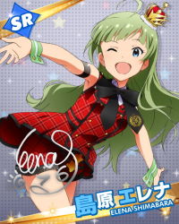 Rule 34 | 10s, 1girl, ;d, ahoge, aqua eyes, armlet, card (medium), character name, character signature, cuff links, dress, green hair, hat, idolmaster, idolmaster million live!, long hair, looking at viewer, official art, one eye closed, open mouth, plaid, plaid dress, plaid shorts, prologue rouge (idolmaster), shimabara elena, shorts, signature, smile