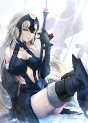 Rule 34 | 1girl, armor, ass, bare shoulders, black gloves, black thighhighs, breasts, cleavage, elbow gloves, fate (series), gauntlets, gloves, greaves, helmet, jeanne d&#039;arc (fate), jeanne d&#039;arc alter (avenger) (fate), jeanne d&#039;arc alter (avenger) (third ascension) (fate), jeanne d&#039;arc alter (fate), limeblock, long hair, looking at viewer, sitting, thighhighs, very long hair, white hair, yellow eyes