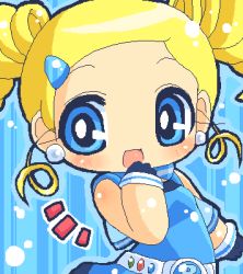 Rule 34 | 00s, 1girl, blue background, bubble, chibi, chibi only, goutokuji miyako, hahifuhe, lowres, oekaki, powerpuff girls, powerpuff girls z, rolling bubbles, simple background, solo