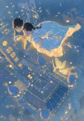 Rule 34 | 1boy, 2girls, black hair, blonde hair, blue theme, braid, chinese commentary, city lights, cityscape, clock, clock tower, commentary request, fairy, fairy wings, flying, happy, highres, holding hands, multiple girls, night, nightgown, open mouth, outstretched arm, outstretched arms, peter pan, peter pan (character), sheya tin, short hair, tinker bell (character), tower, twin braids, wendy darling, white nightgown, wings