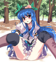 Rule 34 | 1girl, blue hair, blush, boots, female focus, food, forest, fruit, grune, hat, hinanawi tenshi, long hair, looking at viewer, nature, oekaki, panties, peach, red eyes, sitting, solo, spread legs, thighhighs, touhou, tree, tree shade, underwear