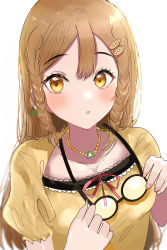 Rule 34 | 1girl, :o, absurdres, alternate hairstyle, artist name, artist request, blouse, blush, braid, breasts, brown eyes, brown hair, close-up, collarbone, dress, dress shirt, earrings, female focus, glasses, hair between eyes, hair ornament, highres, holding, holding glasses, jewelry, kunikida hanamaru, light brown hair, long hair, looking at viewer, love live!, love live! sunshine!!, nail, nail polish, neck ribbon, necklace, parted lips, pearl necklace, pink nails, pink nails, pink ribbon, ribbon, shirt, short sleeves, small breasts, smile, solo, sunya (honorin-yuunibo), sunya (honorin megumin), sunya (pixiv17390904), triangle earrings, twin braids, twintails, white background, yellow eyes, yellow shirt