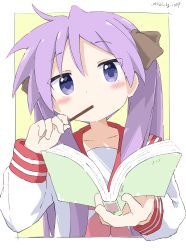 Rule 34 | 1girl, absurdres, artist name, blue eyes, blush, book, collarbone, commentary request, cynical (llcbluckg c004), food, food in mouth, highres, hiiragi kagami, holding, holding book, holding food, long hair, lucky star, mouth hold, outside border, pocky, purple hair, reading, red sailor collar, ryouou school uniform, sailor collar, school uniform, serafuku, simple background, solo, tsurime, twintails, twitter username, upper body, watermark, yellow background